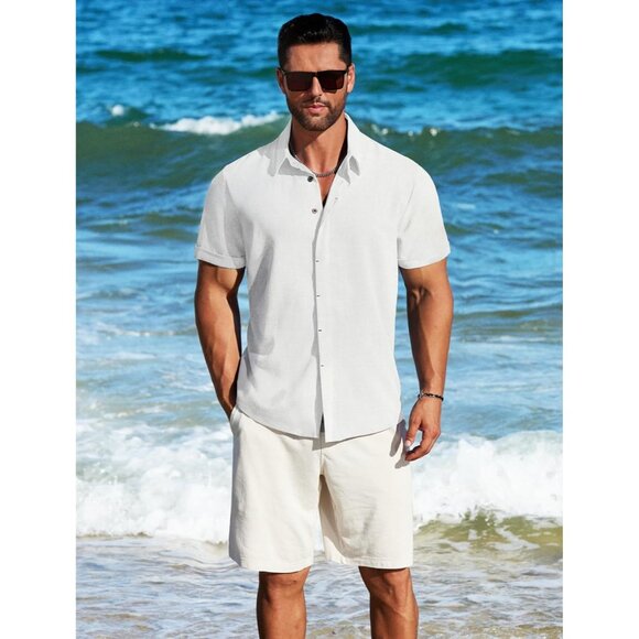 Men's White Linen Short Sleeve Button Down Casual Shirt Business Dress - Picture 3 of 6
